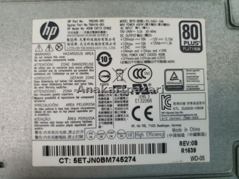 HP Z240 Workstation ENT15 EPA92 PS-5401-1HA / PCE009 80 Plus  400W Power Supply