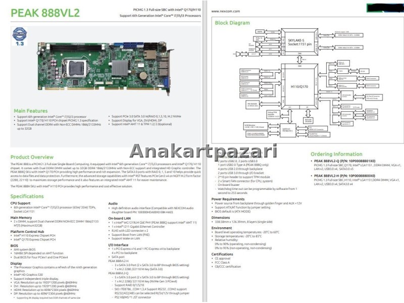 PEAK-888VL2-H  Tam Boyutlu PICMG 1.3  ( 6.7. Nesil ) Endüstriyel Anakart + Soğutucu Blok, Fan